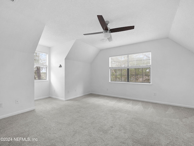 bonus room featuring lofted ceiling, a textured ceiling, light colored carpet, and a healthy amount of sunlight