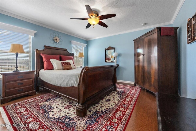 bedroom with ceiling fan, crown molding, wood-type flooring, and a textured ceiling