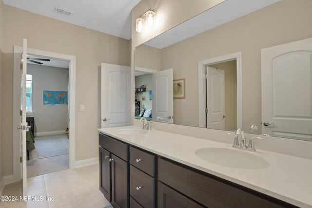 bathroom featuring tile patterned flooring, vanity, and ceiling fan