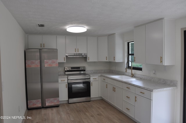 kitchen with white cabinets, a textured ceiling, sink, light wood-type flooring, and appliances with stainless steel finishes