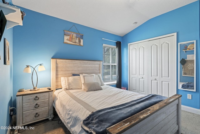 carpeted bedroom with a closet and lofted ceiling