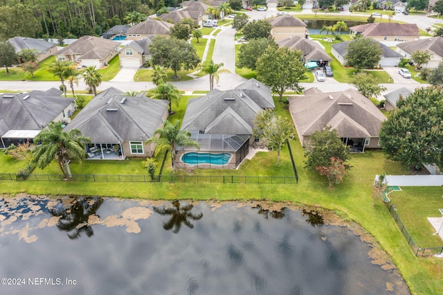 drone / aerial view featuring a water view