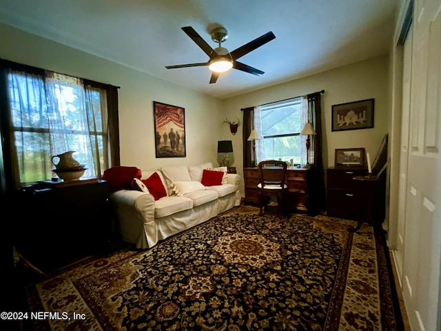 living room featuring ceiling fan