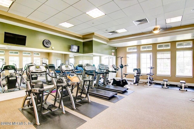 workout area with carpet flooring, a drop ceiling, and ornamental molding