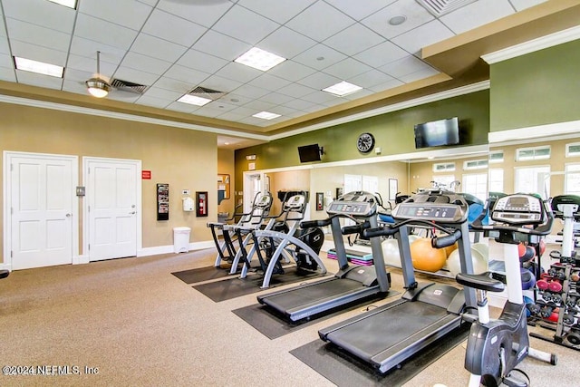 gym featuring carpet, a paneled ceiling, and ornamental molding