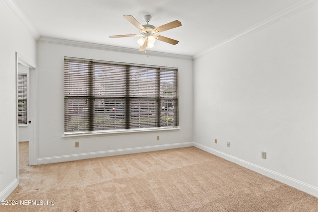 unfurnished room featuring crown molding, ceiling fan, and light colored carpet