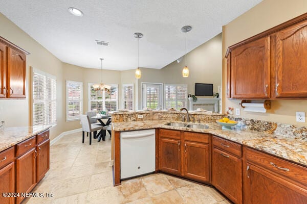 kitchen featuring kitchen peninsula, sink, pendant lighting, dishwasher, and a chandelier