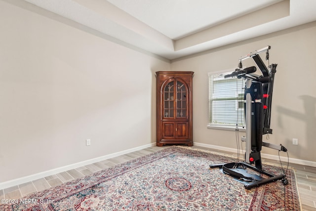 workout area featuring hardwood / wood-style flooring and a raised ceiling