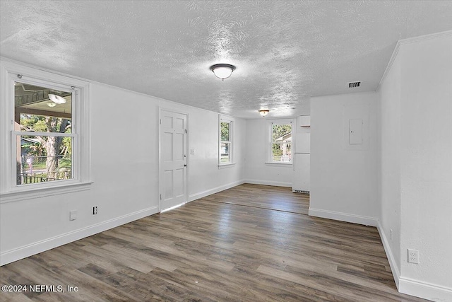 spare room with a textured ceiling, dark hardwood / wood-style flooring, and a wealth of natural light