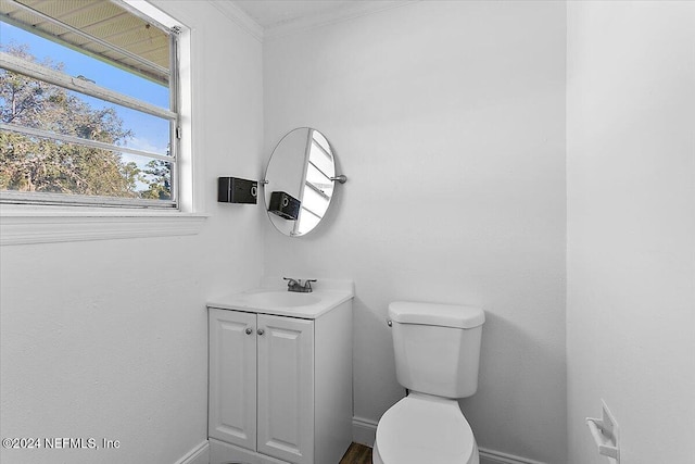 bathroom featuring crown molding, vanity, and toilet