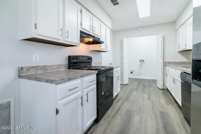 kitchen featuring white cabinets, light hardwood / wood-style floors, and black appliances