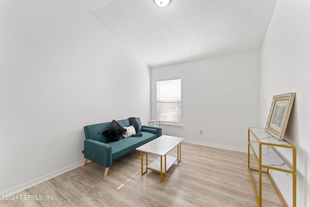 living area with a textured ceiling and light hardwood / wood-style flooring