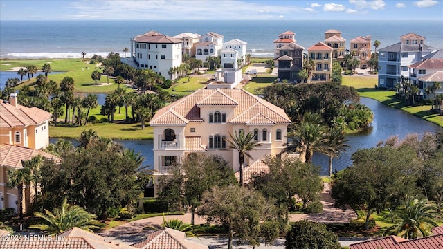 bird's eye view with a water view