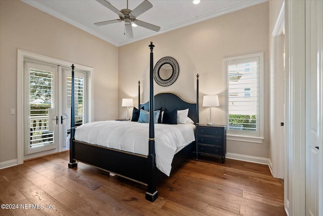 bedroom with hardwood / wood-style floors, ceiling fan, crown molding, and access to outside