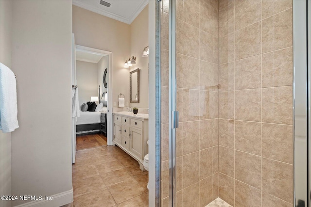 bathroom with ornamental molding, hardwood / wood-style floors, vanity, a shower with shower door, and toilet