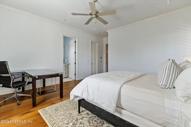 bedroom with wood-type flooring, ceiling fan, and crown molding