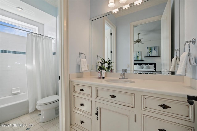 full bathroom with ceiling fan, vanity, shower / bathtub combination with curtain, and toilet