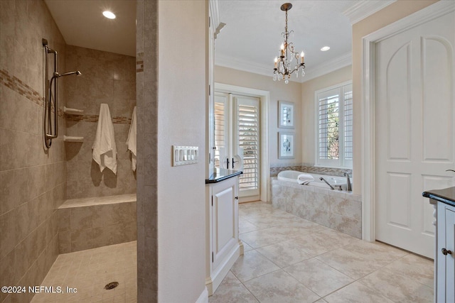 bathroom with ornamental molding, vanity, plus walk in shower, a notable chandelier, and tile patterned floors