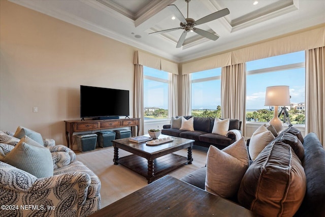 living room featuring beamed ceiling, plenty of natural light, crown molding, and coffered ceiling