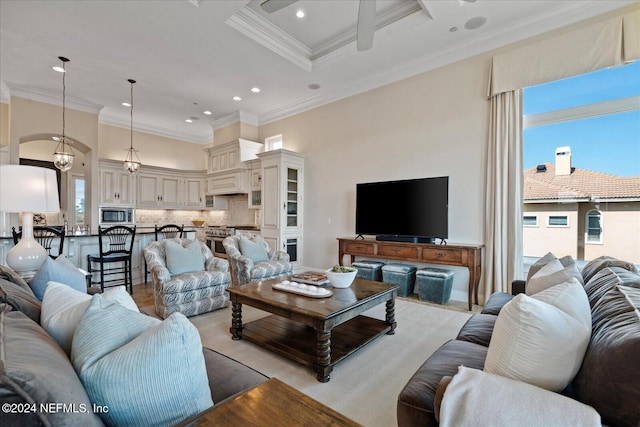 living room with crown molding