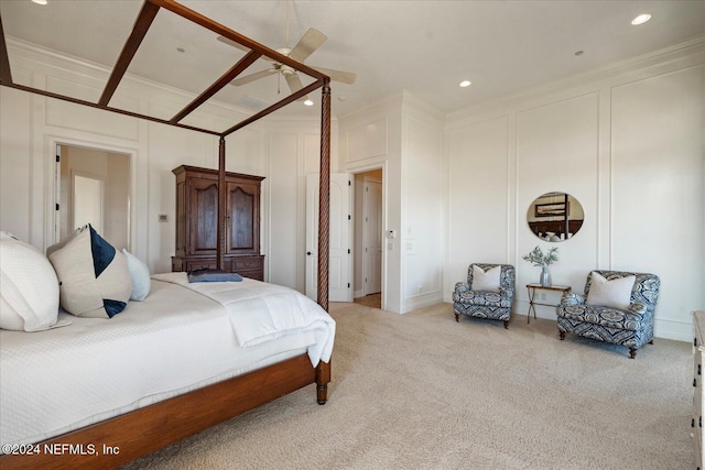 bedroom featuring light carpet and crown molding