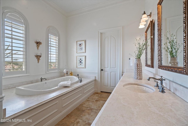 bathroom featuring ornamental molding, vanity, tile patterned floors, and a bath