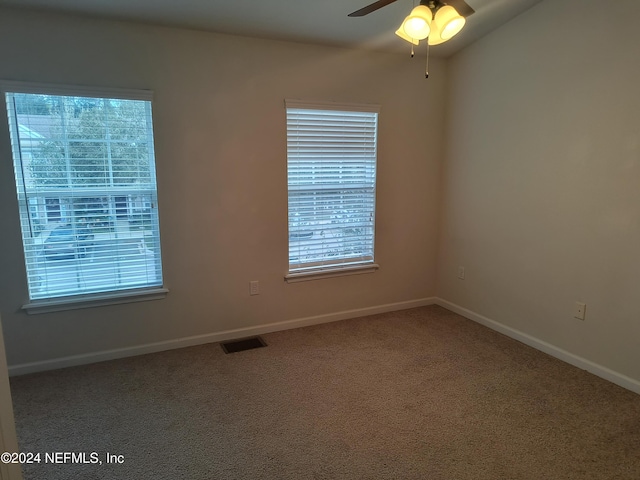 empty room featuring a wealth of natural light, ceiling fan, and carpet floors