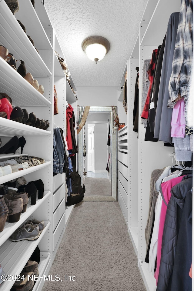 walk in closet featuring light carpet