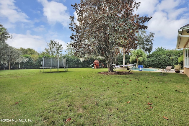 view of yard featuring a playground and a trampoline