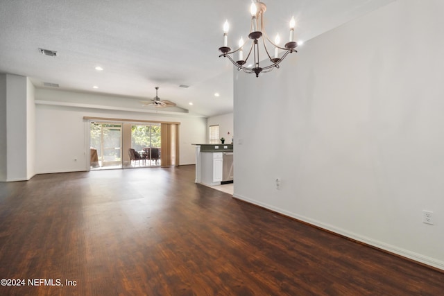 unfurnished living room with wood finished floors, lofted ceiling, baseboards, a chandelier, and recessed lighting