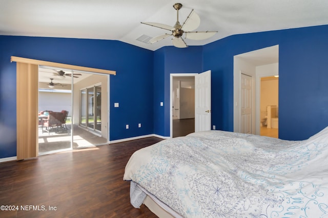 bedroom featuring lofted ceiling, wood finished floors, access to exterior, baseboards, and ceiling fan