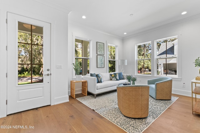 living room with a healthy amount of sunlight, light hardwood / wood-style floors, and ornamental molding