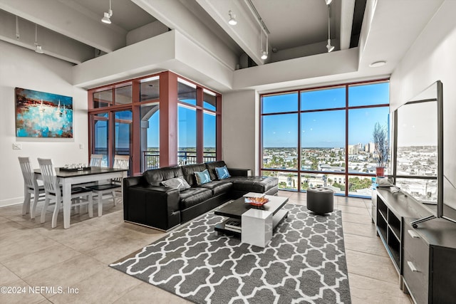 living room featuring a towering ceiling