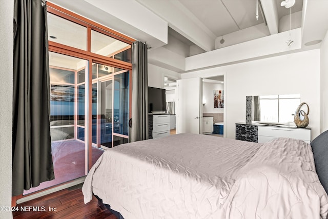 bedroom featuring beam ceiling and dark hardwood / wood-style floors