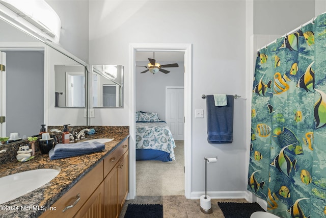 bathroom with vanity, tile patterned floors, and ceiling fan