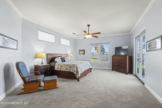 bedroom with light carpet, access to exterior, ceiling fan, and crown molding