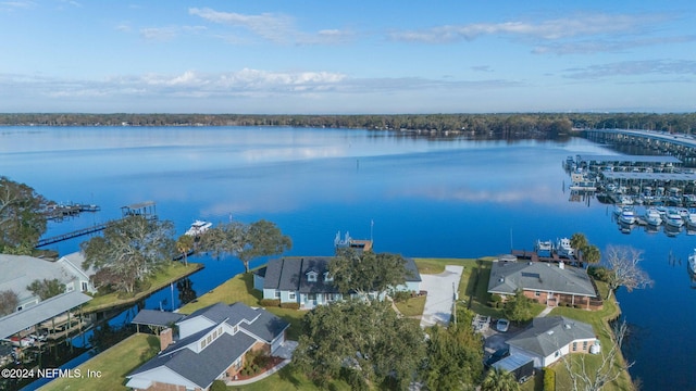 drone / aerial view with a water view