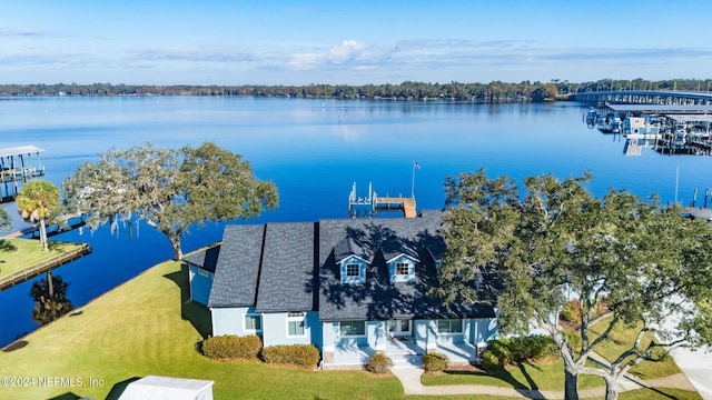 drone / aerial view featuring a water view