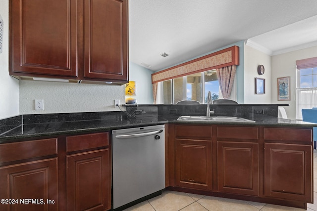 kitchen featuring kitchen peninsula, dishwasher, dark stone countertops, and sink