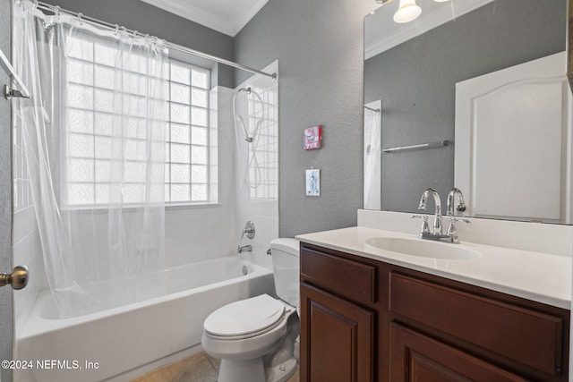 full bathroom with shower / bath combo, ornamental molding, vanity, tile patterned flooring, and toilet