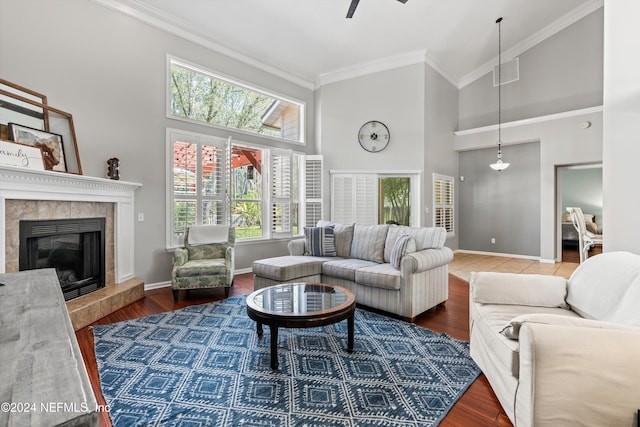 living room with a fireplace, high vaulted ceiling, dark hardwood / wood-style floors, and ornamental molding