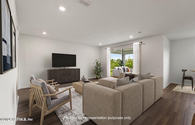 living room with dark hardwood / wood-style floors