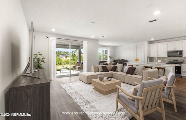 living room with sink, a textured ceiling, and light wood-type flooring