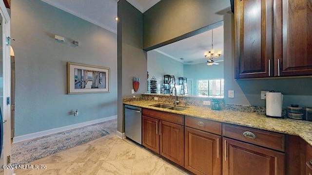 kitchen with ornamental molding, sink, stainless steel dishwasher, and light stone counters