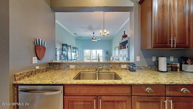 kitchen with light stone counters, sink, crown molding, and stainless steel dishwasher