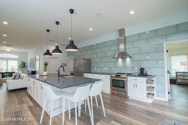 kitchen featuring appliances with stainless steel finishes, decorative light fixtures, plenty of natural light, and range hood