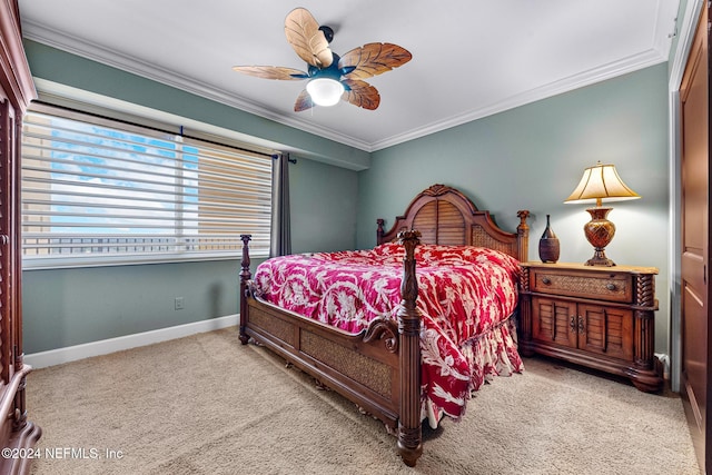 bedroom with ceiling fan, light colored carpet, and ornamental molding