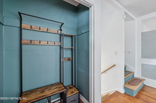 bathroom with hardwood / wood-style floors