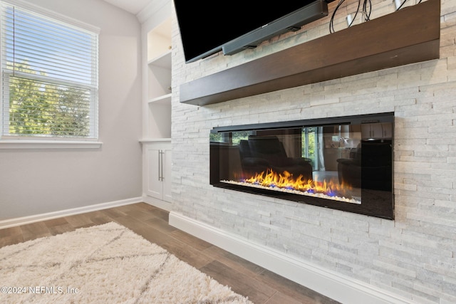 room details with a stone fireplace and wood-type flooring