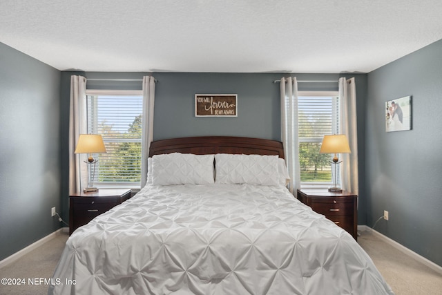 carpeted bedroom with a textured ceiling